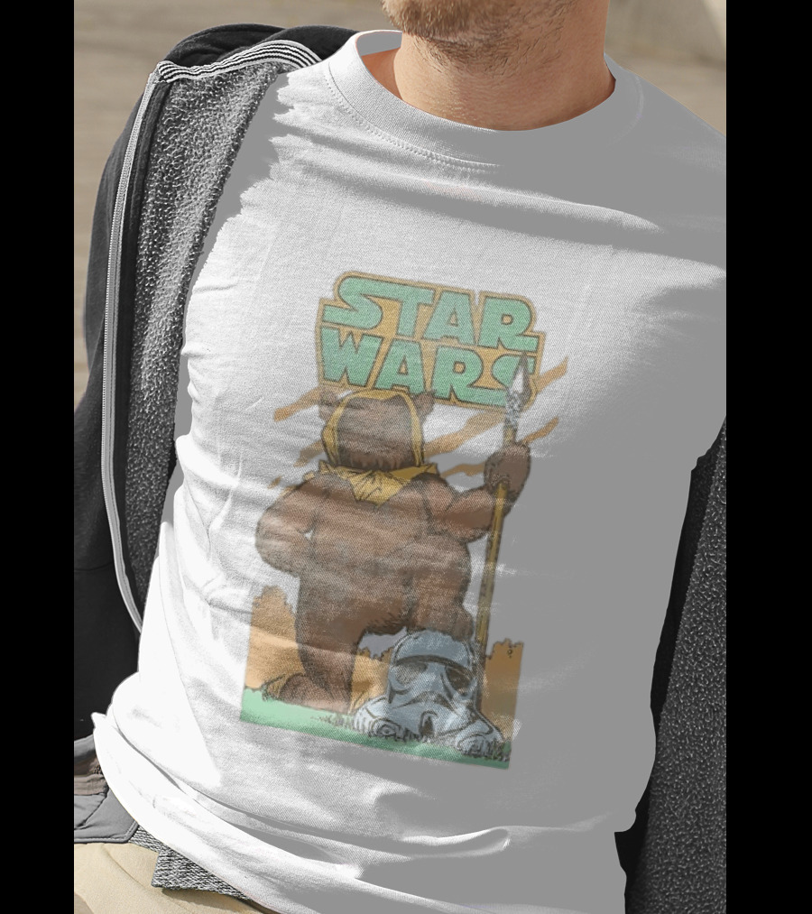 Star Wars Ewok Holding Spear With Stormtrooper Helmet T-Shirt