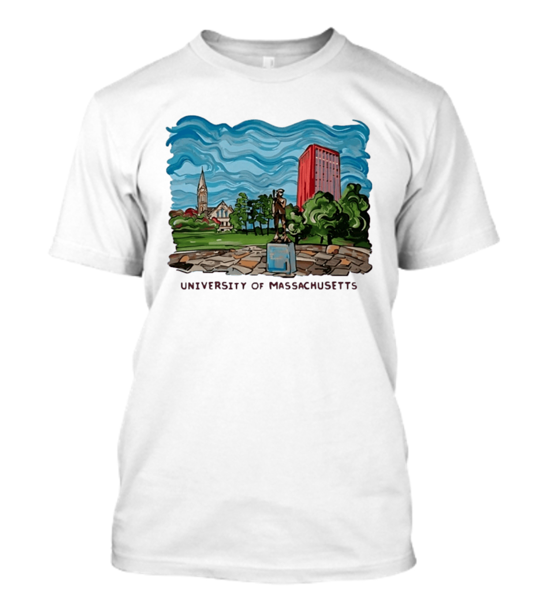University Of Massachusetts Landmark Campus Scene Tower And Trees T-Shirt