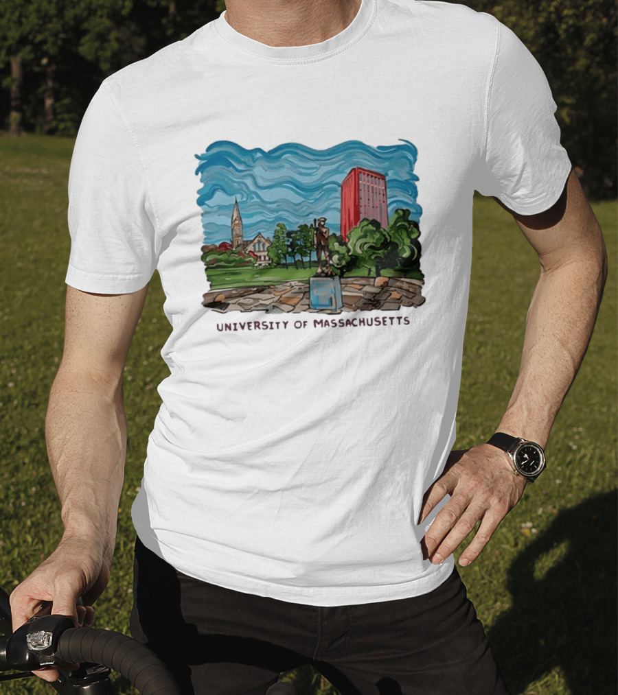 University Of Massachusetts Landmark Campus Scene Tower And Trees T-Shirt