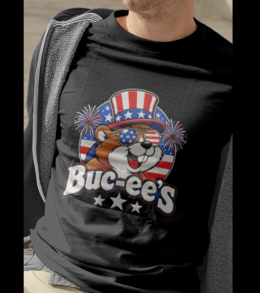 Buc Ee's Patriotic Beaver Fireworks Hat And Sunglasses Celebration T-Shirt
