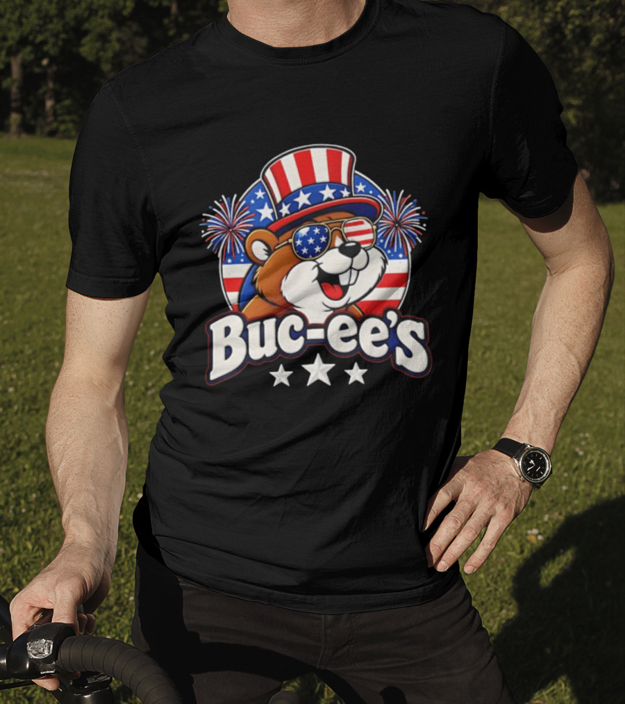 Buc Ee's Patriotic Beaver Fireworks Hat And Sunglasses Celebration T-Shirt