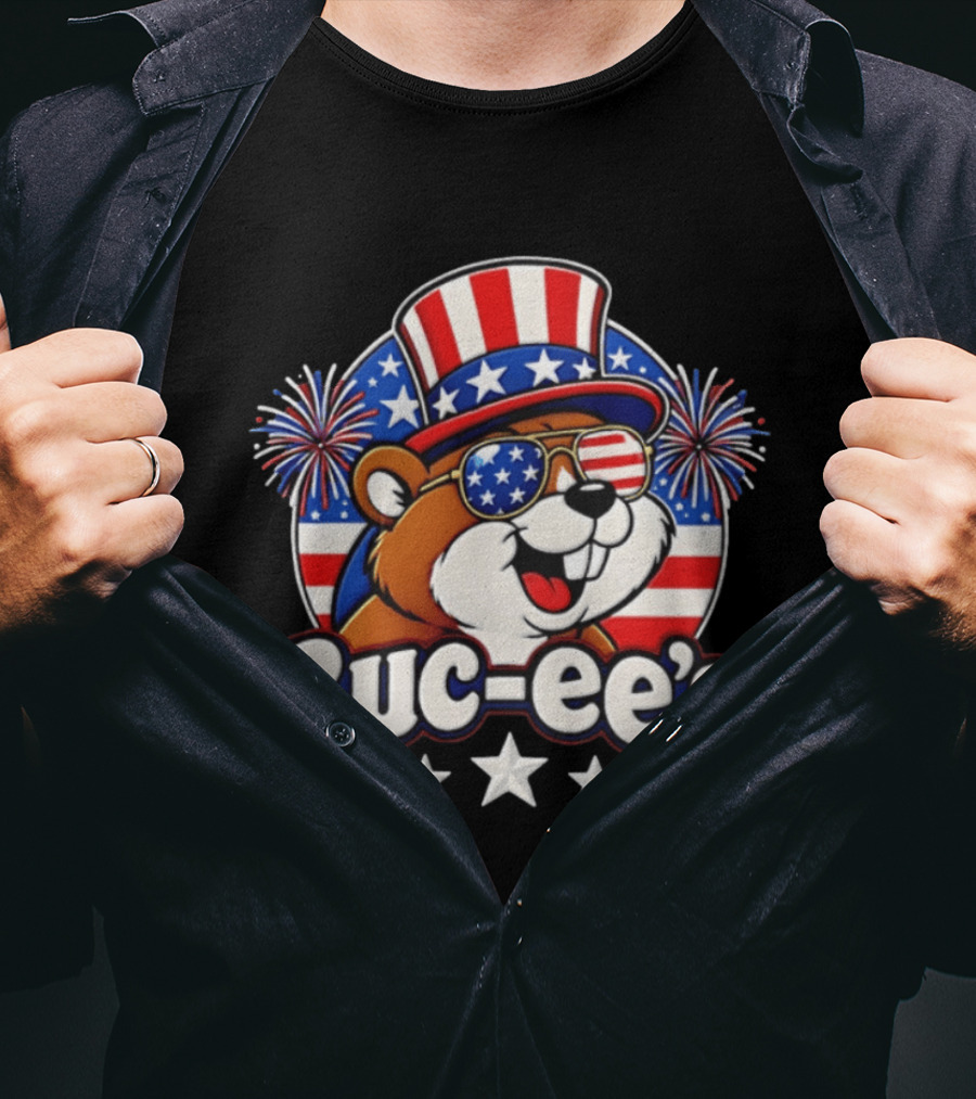 Buc Ee's Patriotic Beaver Fireworks Hat And Sunglasses Celebration T-Shirt