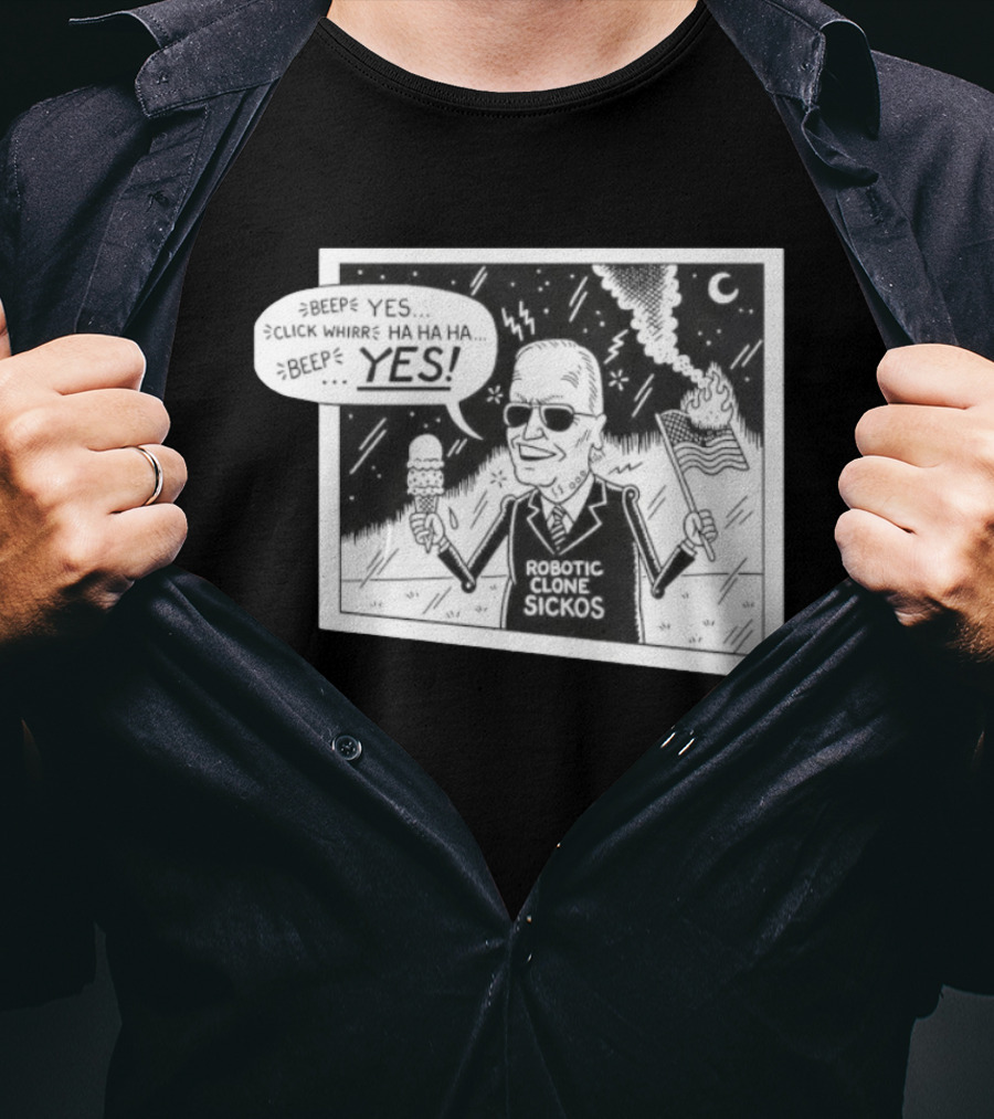Joe Biden Robotic Clone Sickos Cartoon Ice Cream Flag Speech Bubble BEEP YES T-Shirt