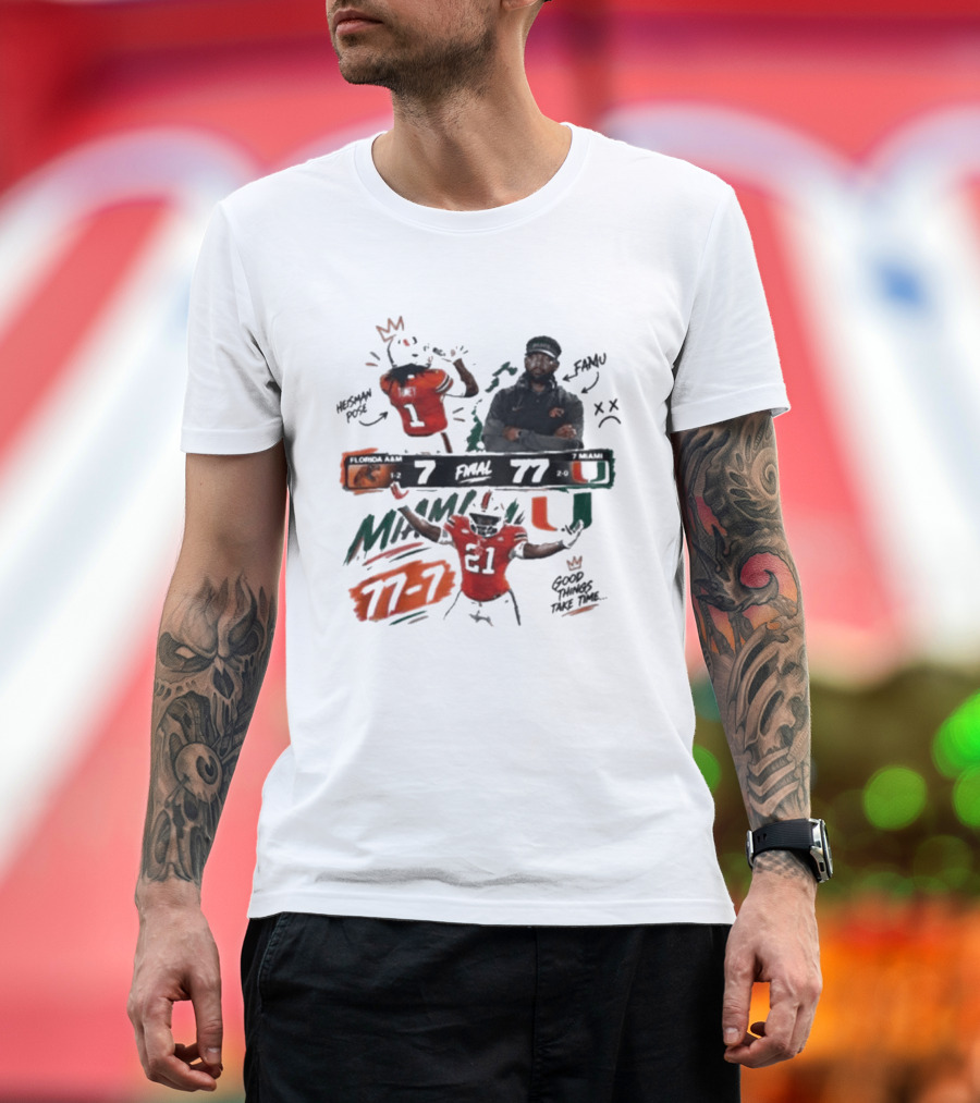 Miami 77 Final Florida A&M 7 College Football Game Highlights T-Shirt