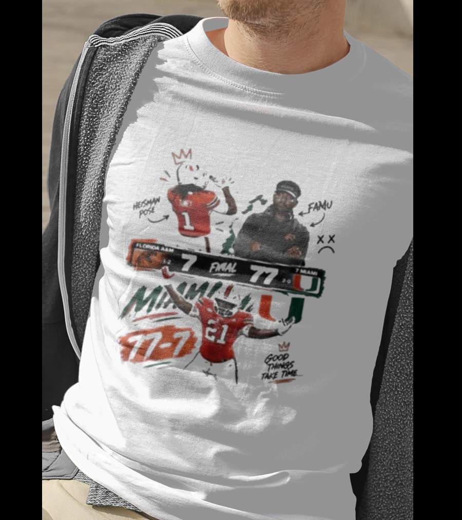 Miami 77 Final Florida A&M 7 College Football Game Highlights T-Shirt