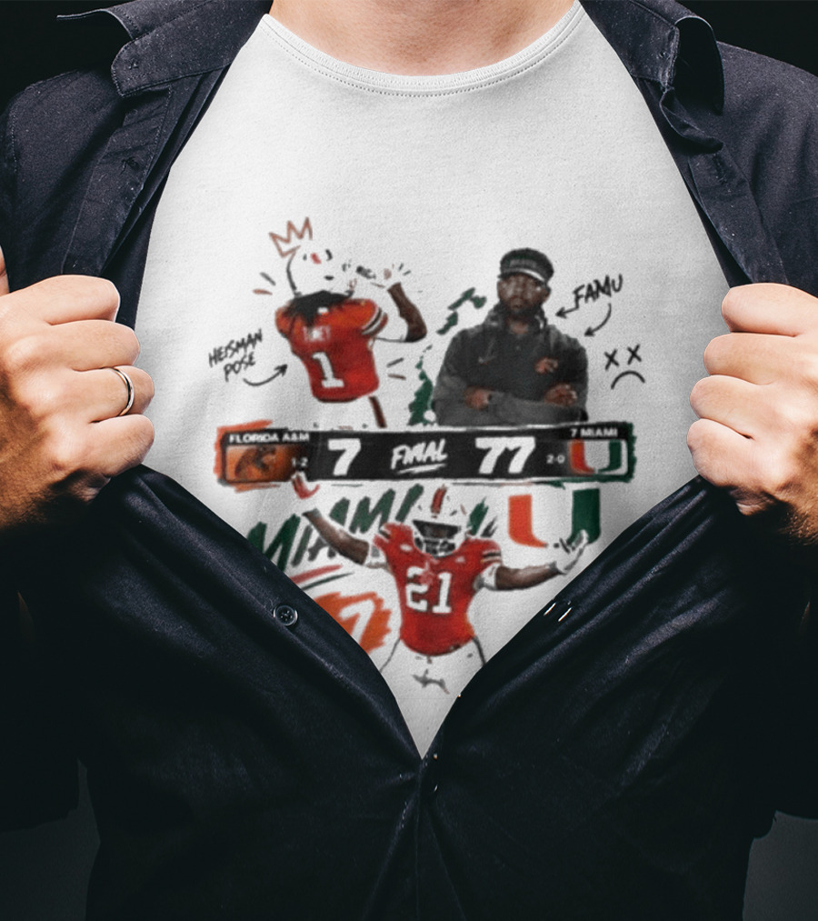 Miami 77 Final Florida A&M 7 College Football Game Highlights T-Shirt