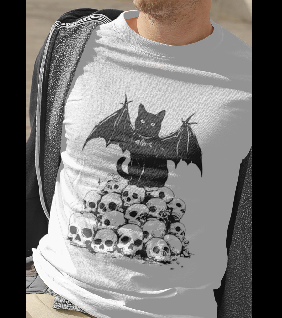 Black Bat Cat Sitting On Human Skulls T-Shirt