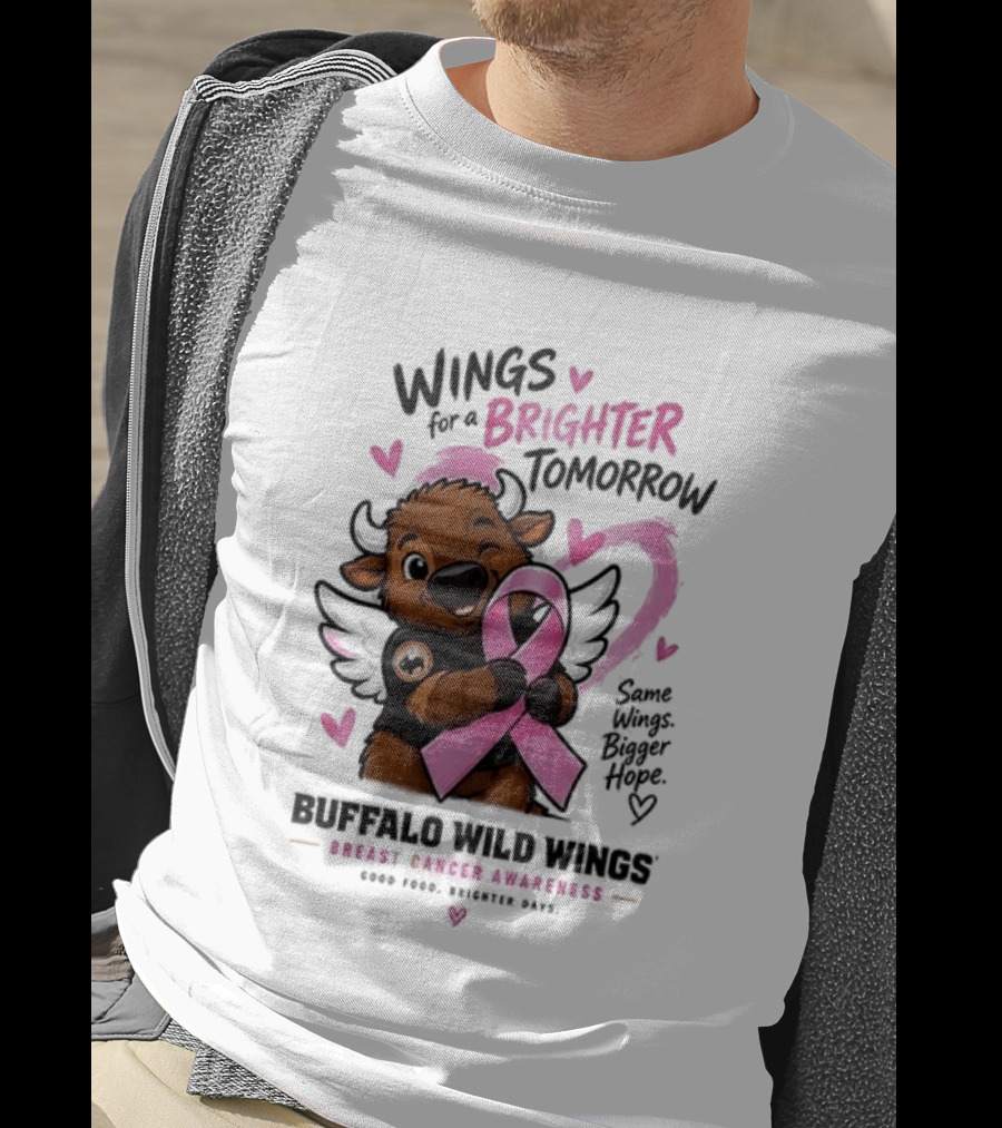 Wings For A Brighter Tomorrow Buffalo Wild Wings Breast Cancer Awareness Pink Ribbon Hearts T-Shirt