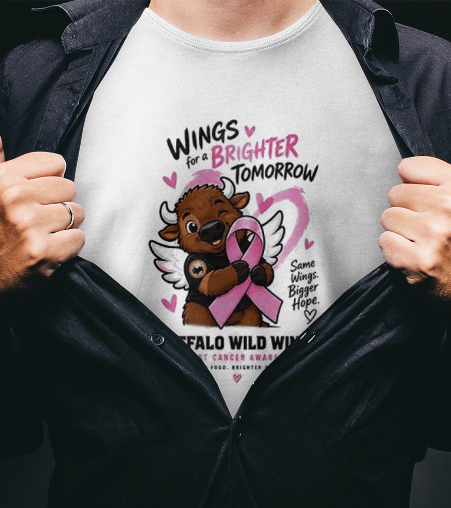 Wings For A Brighter Tomorrow Buffalo Wild Wings Breast Cancer Awareness Pink Ribbon Hearts T-Shirt
