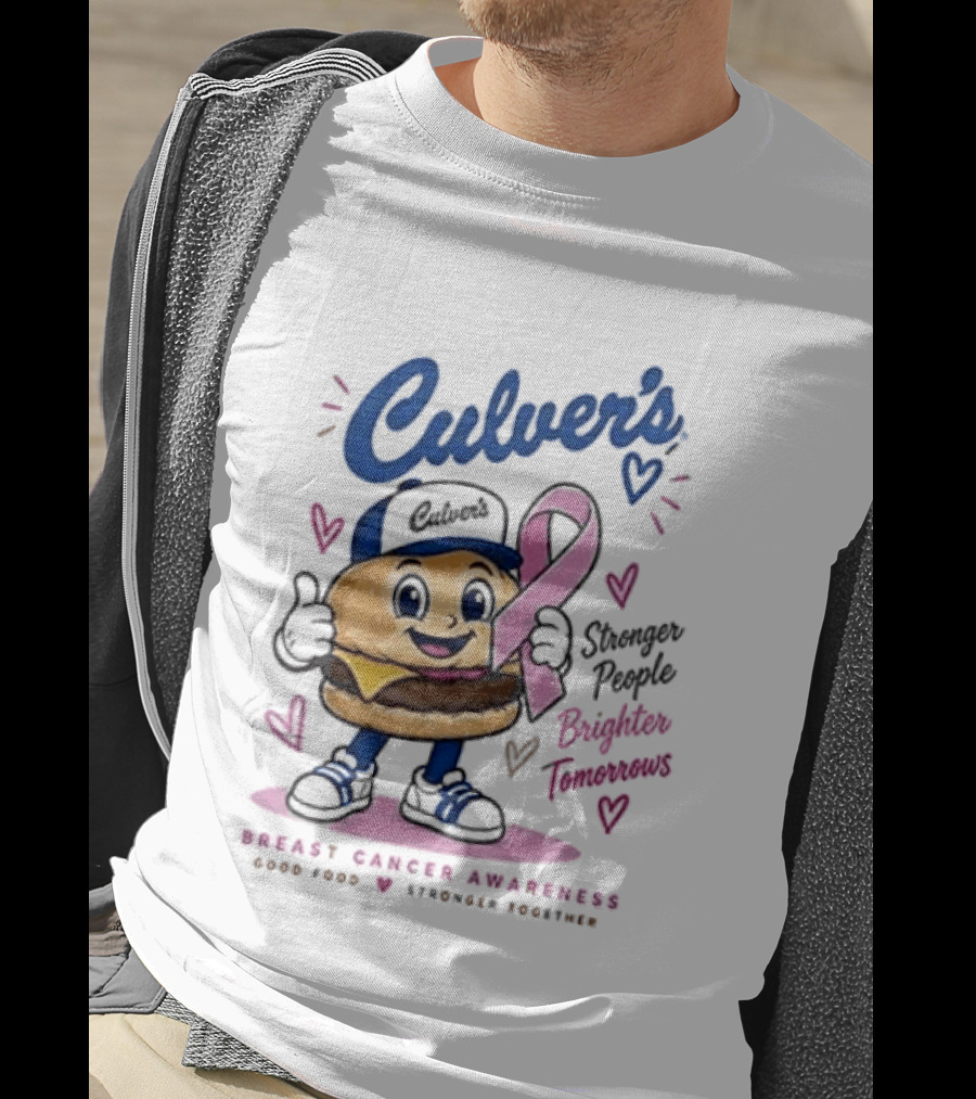 Culver's Breast Cancer Awareness Stronger People Brighter Tomorrows Burger Character With Pink Ribbon T-Shirt