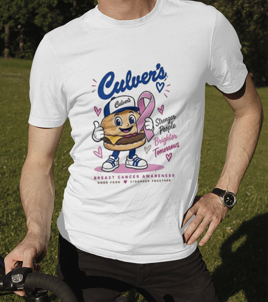 Culver's Breast Cancer Awareness Stronger People Brighter Tomorrows Burger Character With Pink Ribbon T-Shirt