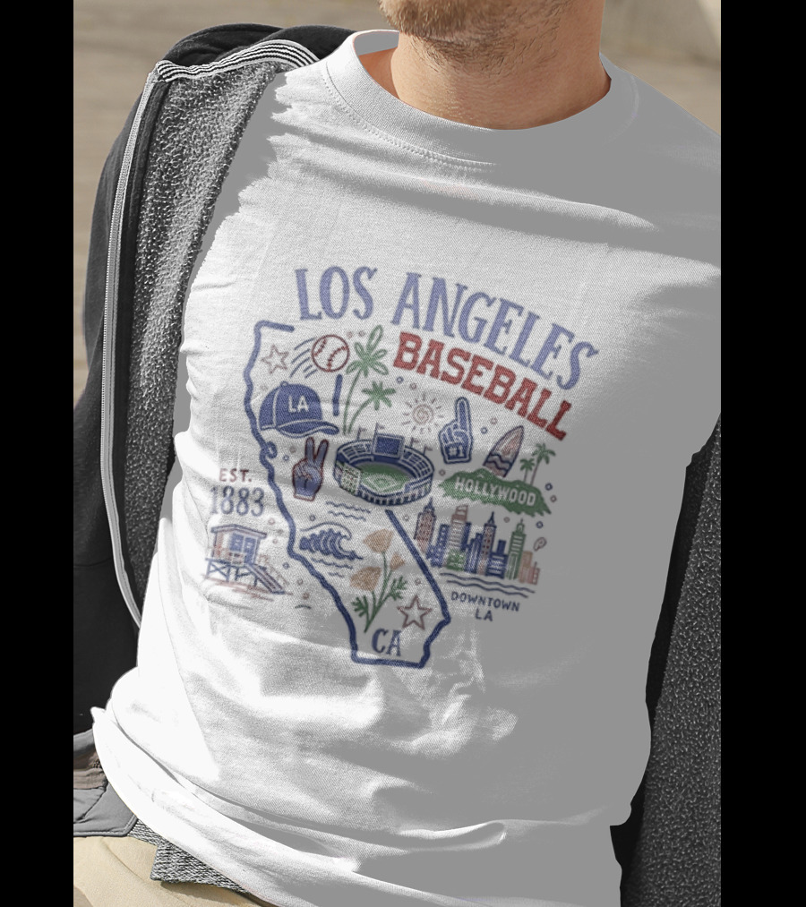 Los Angeles Baseball Est 1883 California Map Stadium And Poppy Flowers T-Shirt
