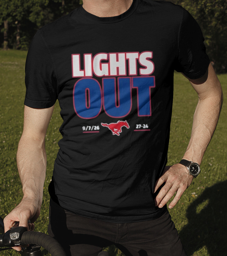 SMU Mustangs Football Lights Out 9 7 26 27 24 T-Shirt