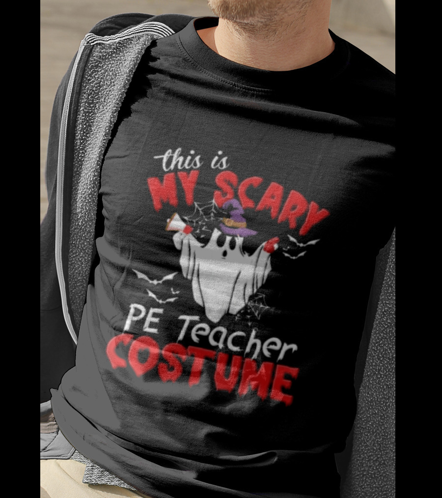 Scary PE Teacher Costume Ghost Witch Hat Whistle Megaphone Halloween T-Shirt