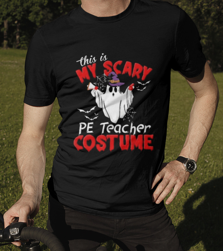 Scary PE Teacher Costume Ghost Witch Hat Whistle Megaphone Halloween T-Shirt
