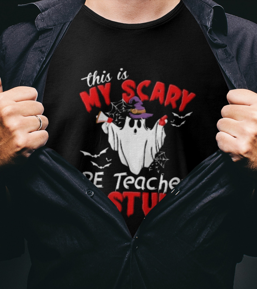 Scary PE Teacher Costume Ghost Witch Hat Whistle Megaphone Halloween T-Shirt
