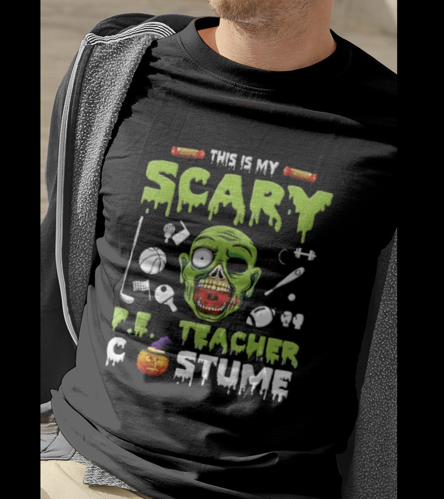 This Is My Scary PE Teacher Costume Zombie Head Sports Equipment Pumpkin T-Shirt