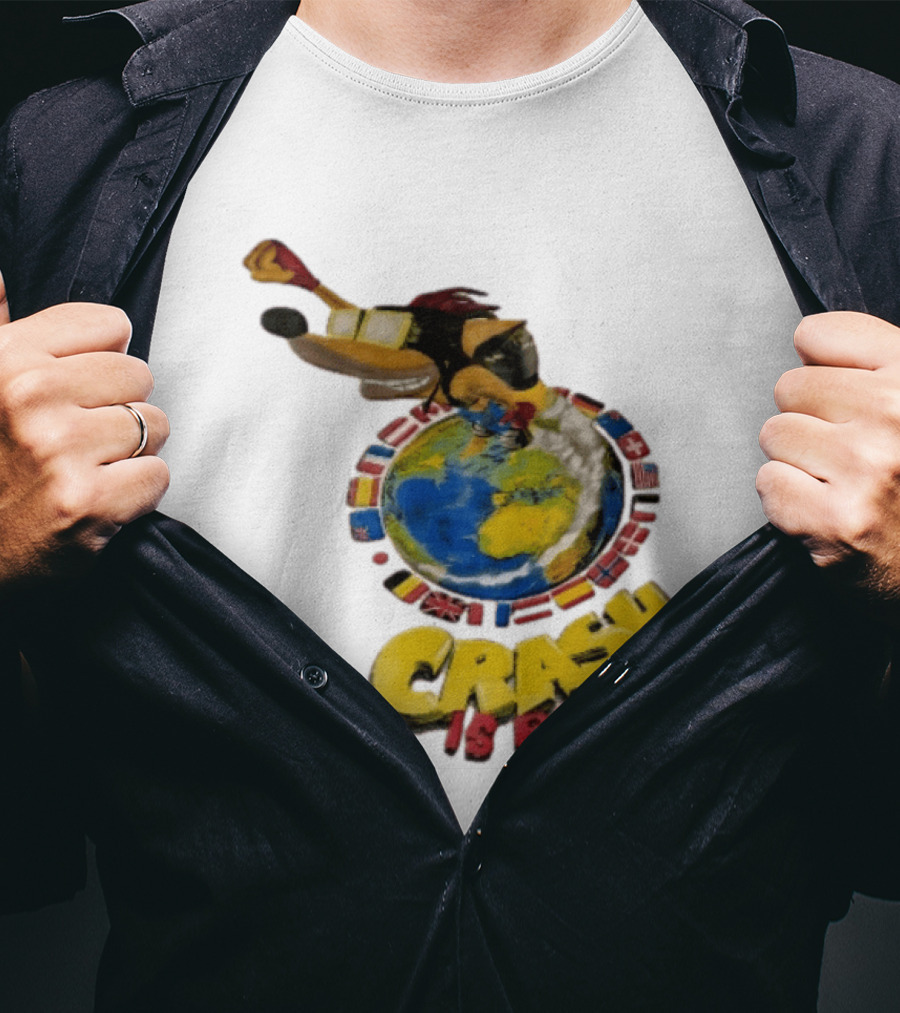 Crash Is Back Jetpack Adventure World Flags Globe Cartoon T-Shirt