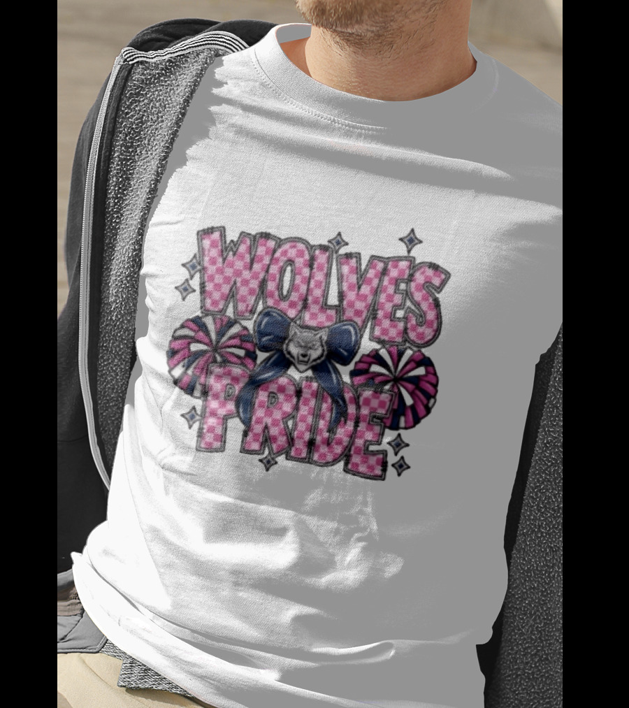 Wolves Pride Pink Checkered Cheerleading Pompoms And Wolf Bow T-Shirt