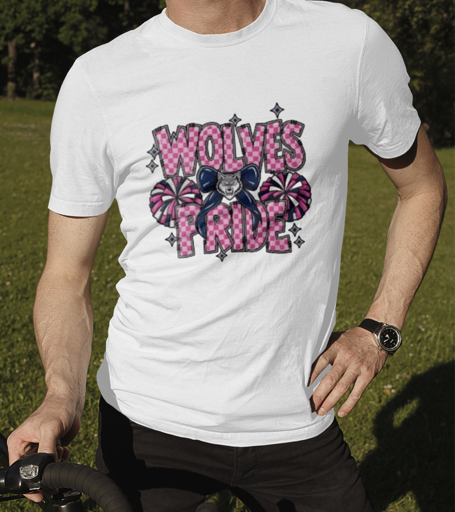 Wolves Pride Pink Checkered Cheerleading Pompoms And Wolf Bow T-Shirt