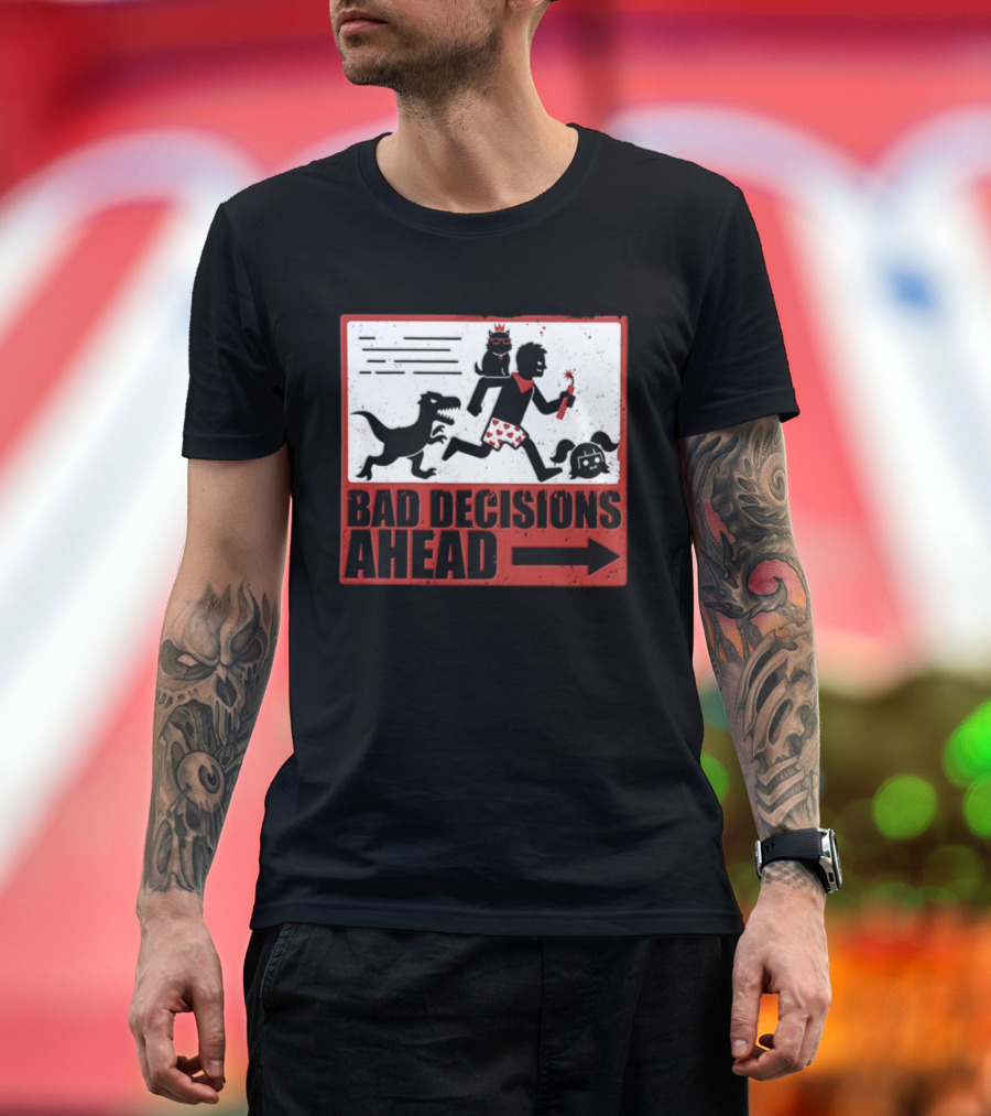 Bad Decisions Ahead Running From Dinosaur Distressed Humor T-Shirt