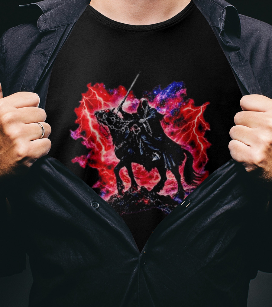 Grim Reaper On Horse With Lightning And Cosmic Galaxy T-Shirt
