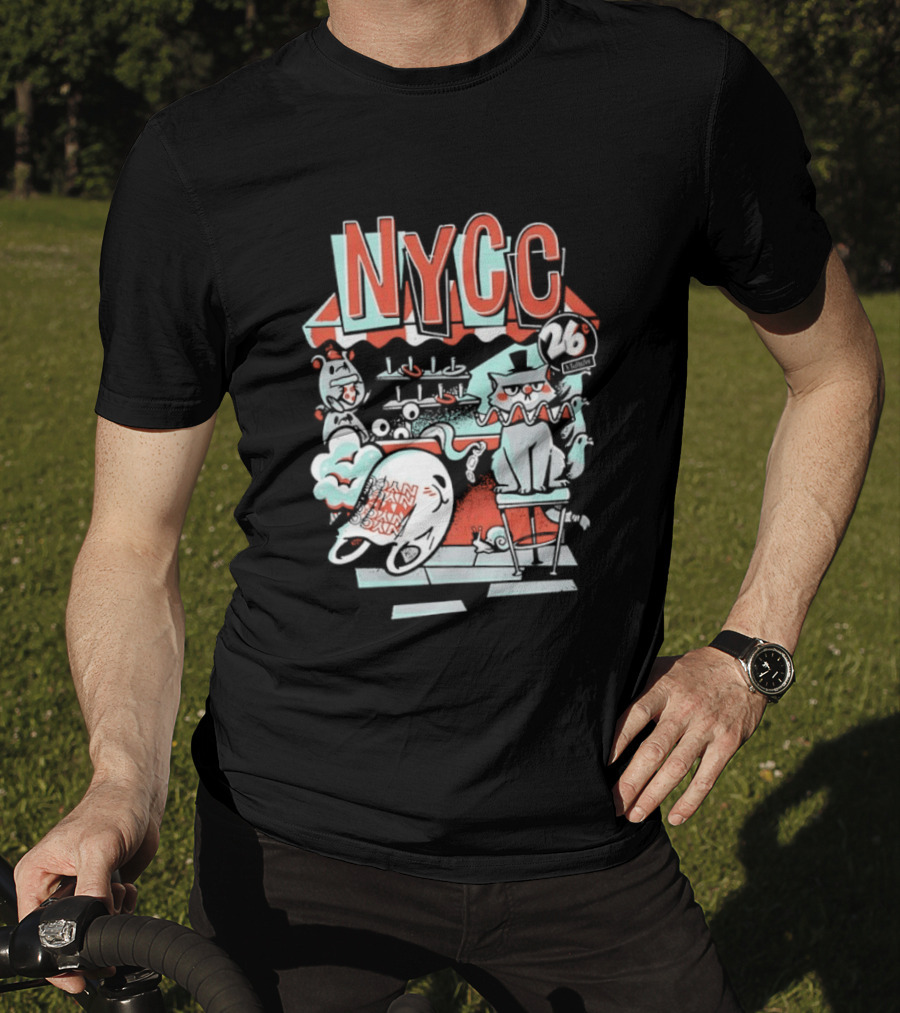 NYCC 26 Cent 1 Throw Carnival Cat Retro Style Comic Fairground Fun T-Shirt
