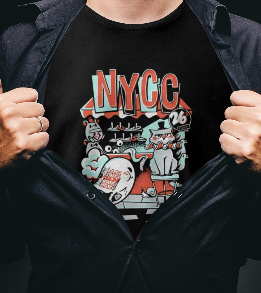 NYCC 26 Cent 1 Throw Carnival Cat Retro Style Comic Fairground Fun T-Shirt