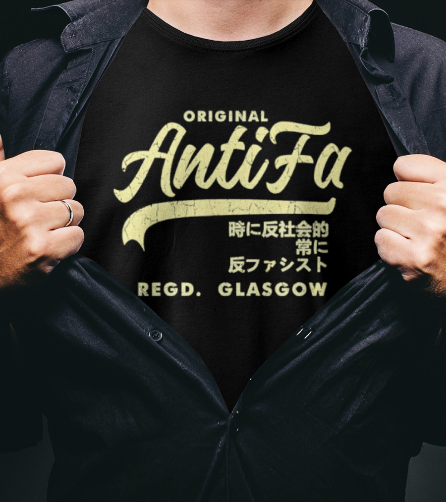 Original AntiFa Regd Glasgow Distressed Japanese Text Anti Fascist T-Shirt