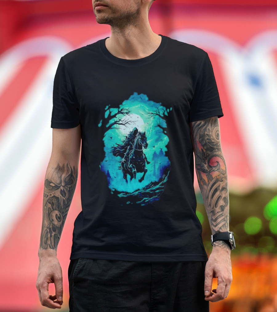 Headless Horseman Eerie Night Ride Through Spooky Forest T-Shirt