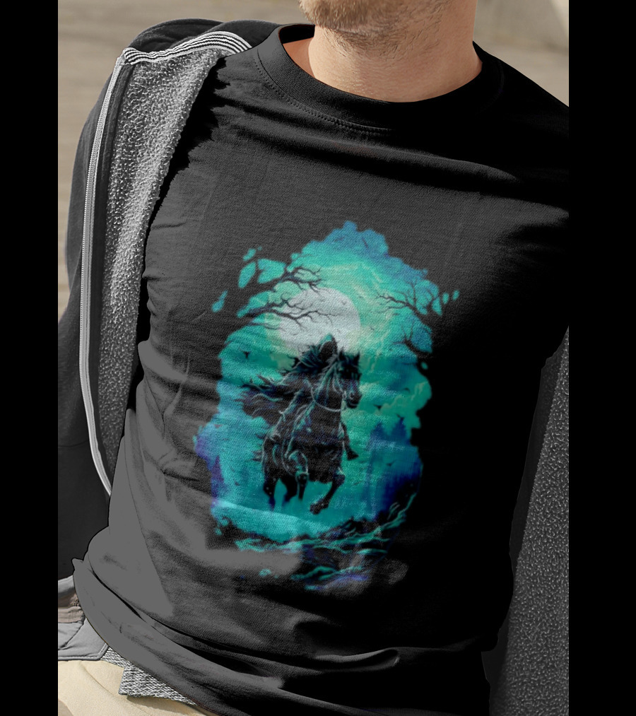 Headless Horseman Eerie Night Ride Through Spooky Forest T-Shirt