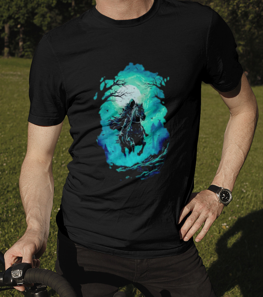 Headless Horseman Eerie Night Ride Through Spooky Forest T-Shirt