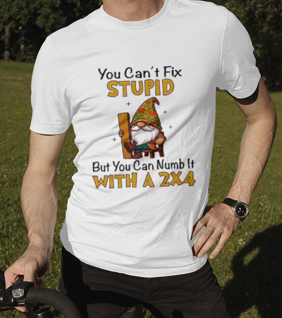 You Can't Fix Stupid But You Can Numb It With A 2x4 Gnome Holding Wood Humor T-Shirt