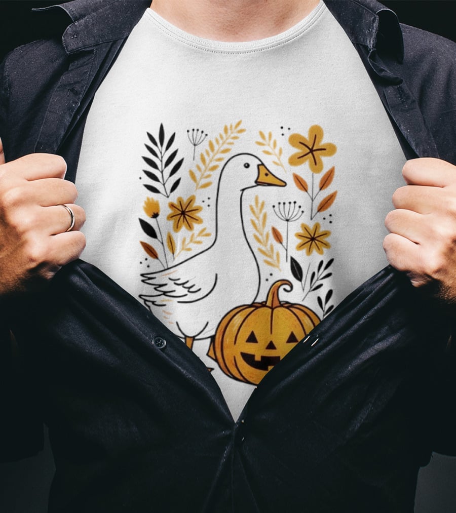 Pumpkin Jack O Lantern Goose Fall Farmhouse Floral Halloween T-Shirt