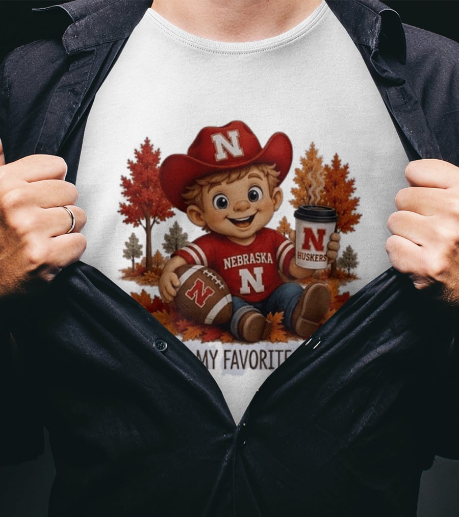 Nebraska Huskers Fall Football Kid Holding Coffee And Ball T-Shirt