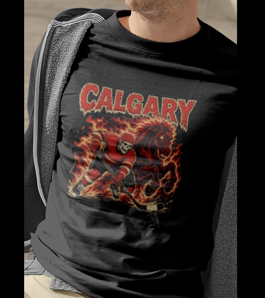 Calgary Flames Skeleton Hockey Player With Fiery Horse T-Shirt