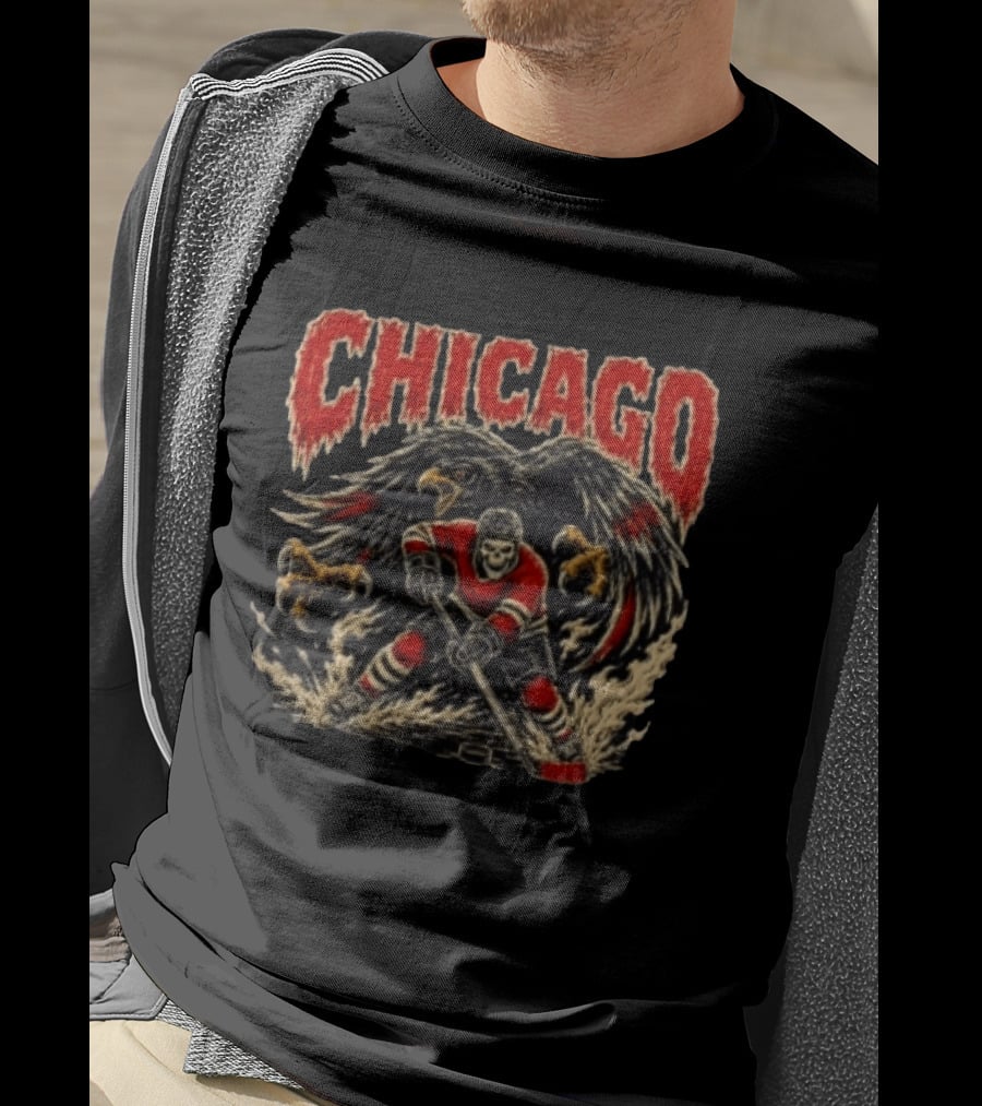 Chicago Blackhawks Skeleton Hockey Player With Hawk Wings T-Shirt