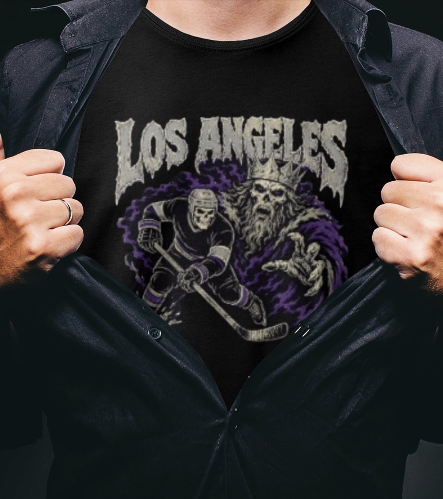 Los Angeles Kings Skeleton Hockey Player With Crowned King In Purple Cloak T-Shirt