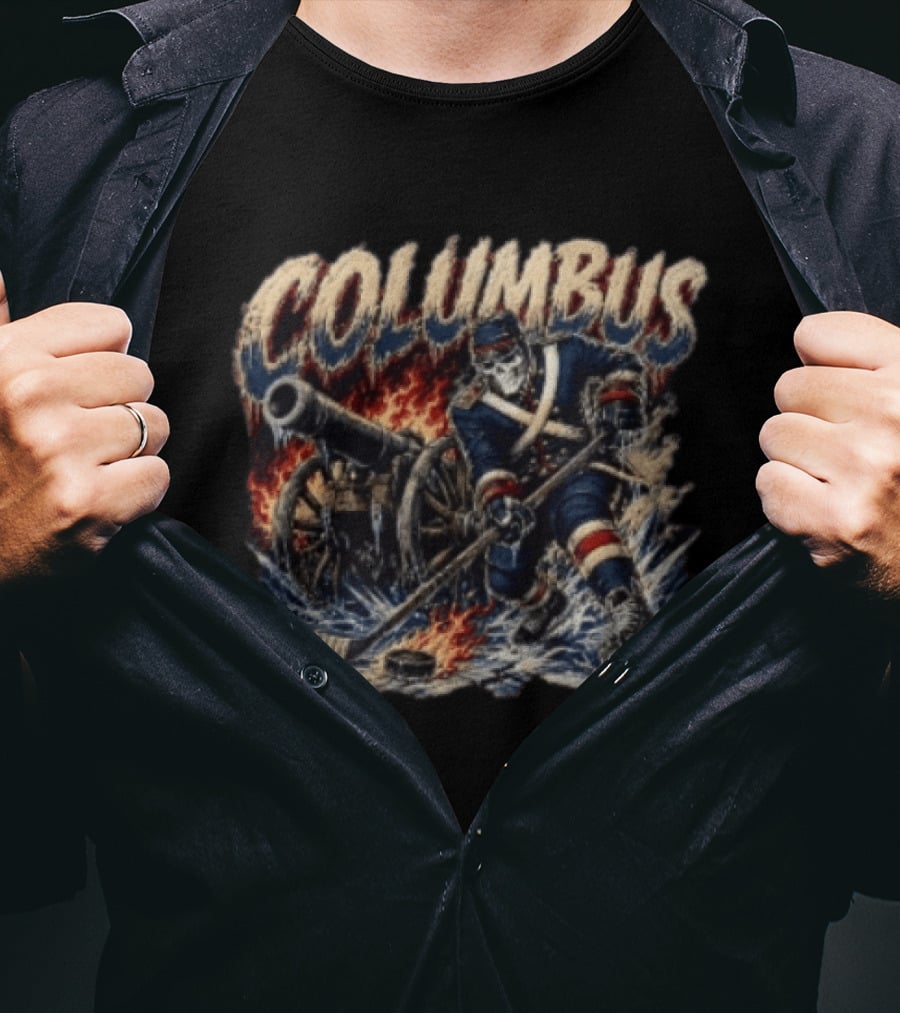 Columbus Blue Jackets Skeleton Hockey Player With Cannon And Ice T-Shirt