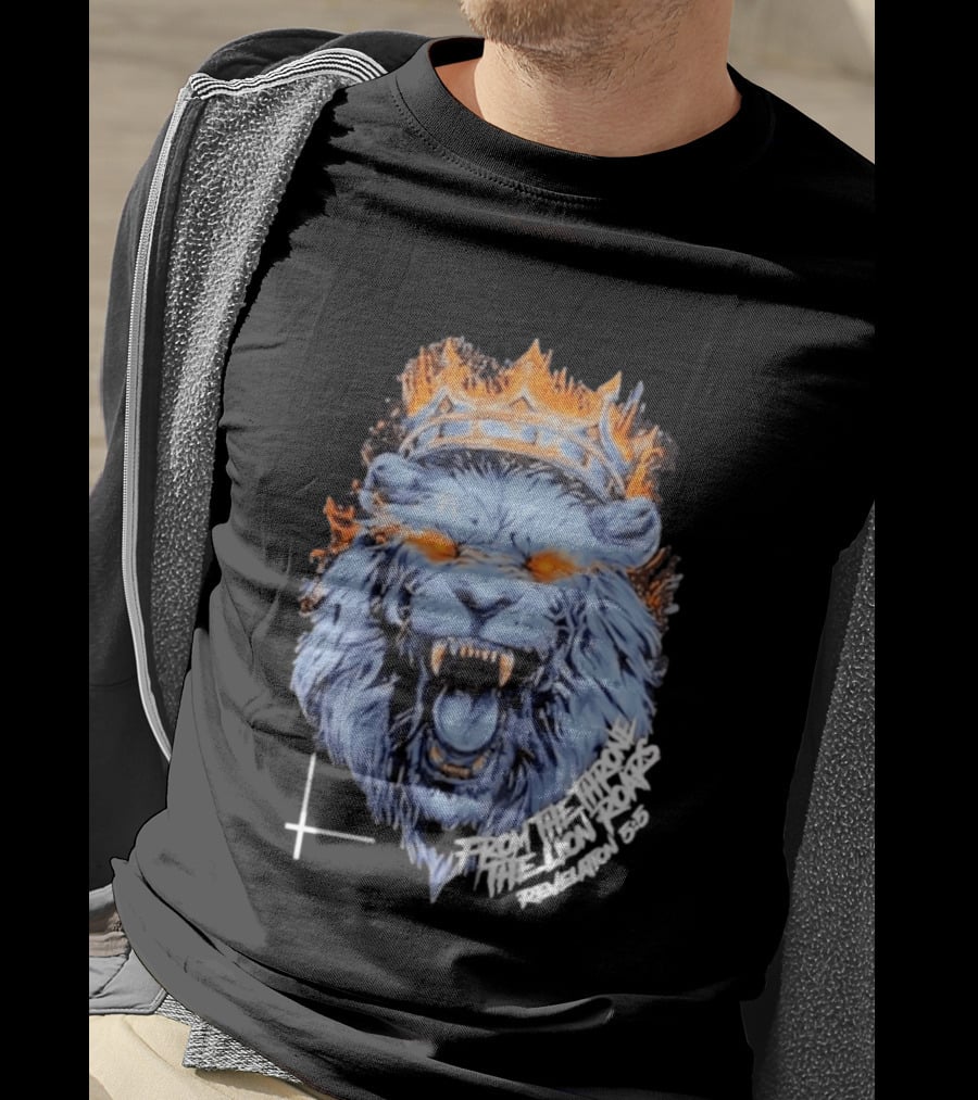 From The Throne The Lion Roars Revelation 5 5 Blue Flame Crown Lionhead T-Shirt