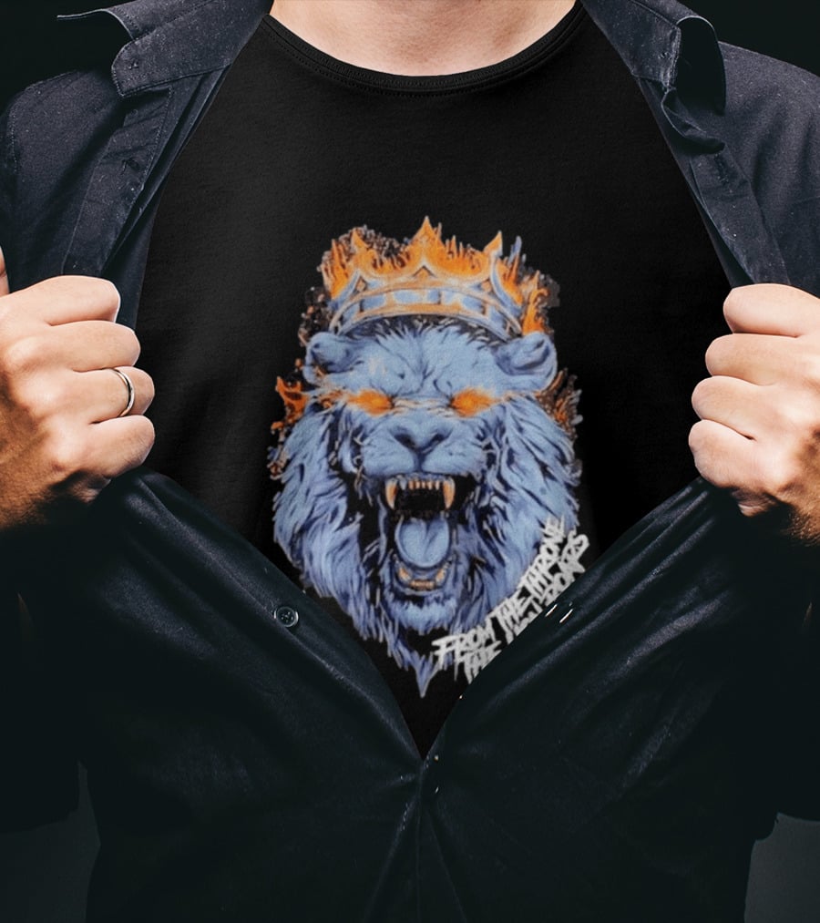 From The Throne The Lion Roars Revelation 5 5 Blue Flame Crown Lionhead T-Shirt