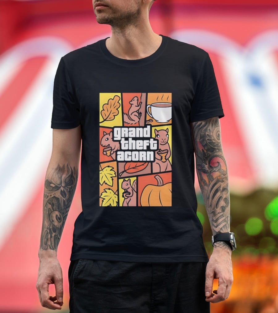 Grand Theft Acorn Autumn Squirrel Coffee Pumpkin Leaves T-Shirt