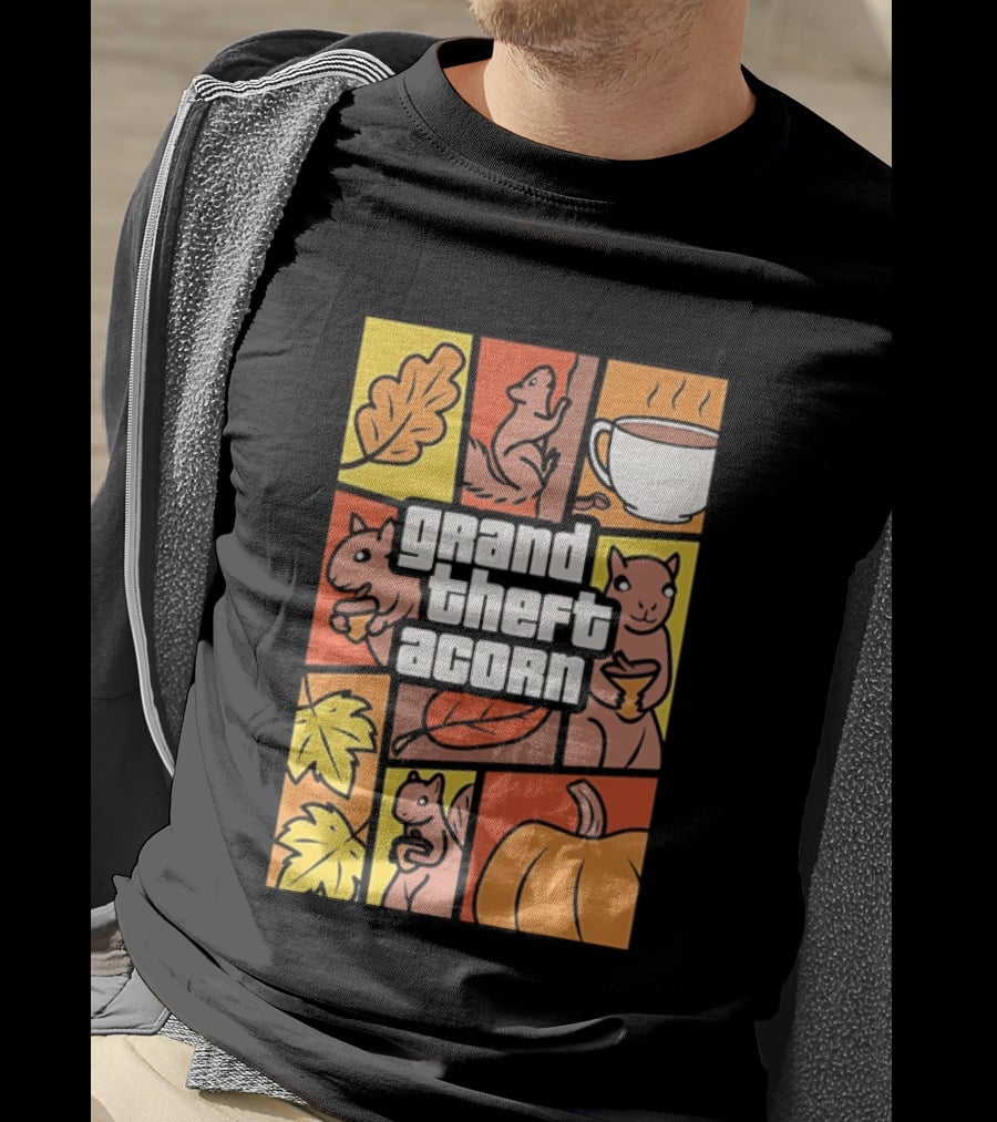 Grand Theft Acorn Autumn Squirrel Coffee Pumpkin Leaves T-Shirt
