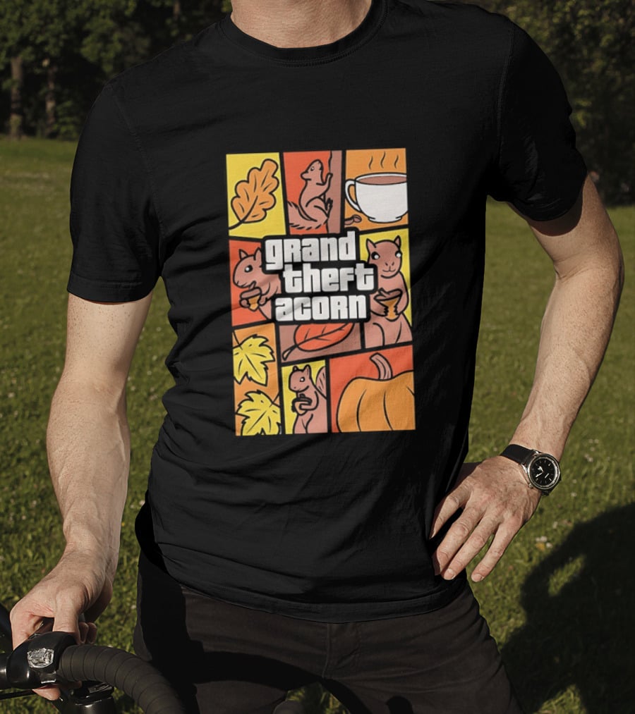 Grand Theft Acorn Autumn Squirrel Coffee Pumpkin Leaves T-Shirt