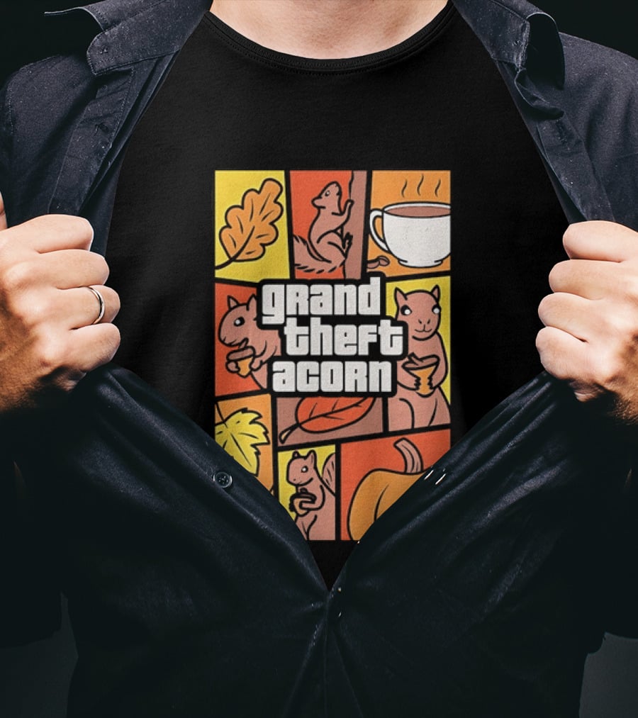 Grand Theft Acorn Autumn Squirrel Coffee Pumpkin Leaves T-Shirt