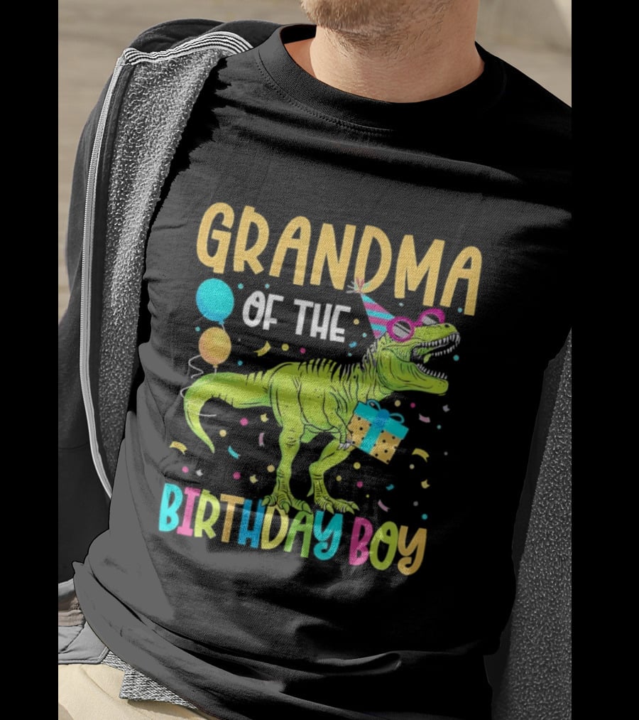Grandma Of The Birthday Boy Dinosaur Party Balloons And Gift Celebration T-Shirt