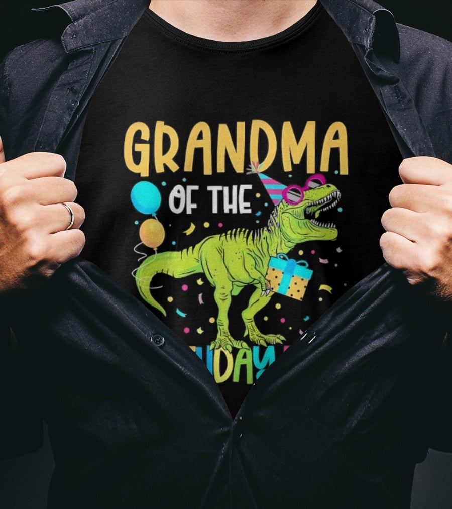 Grandma Of The Birthday Boy Dinosaur Party Balloons And Gift Celebration T-Shirt