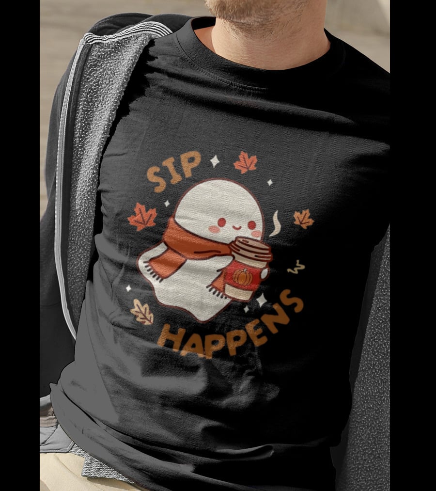 Sip Happens Ghost Pumpkin Spice Latte With Leaves And Scarf T-Shirt
