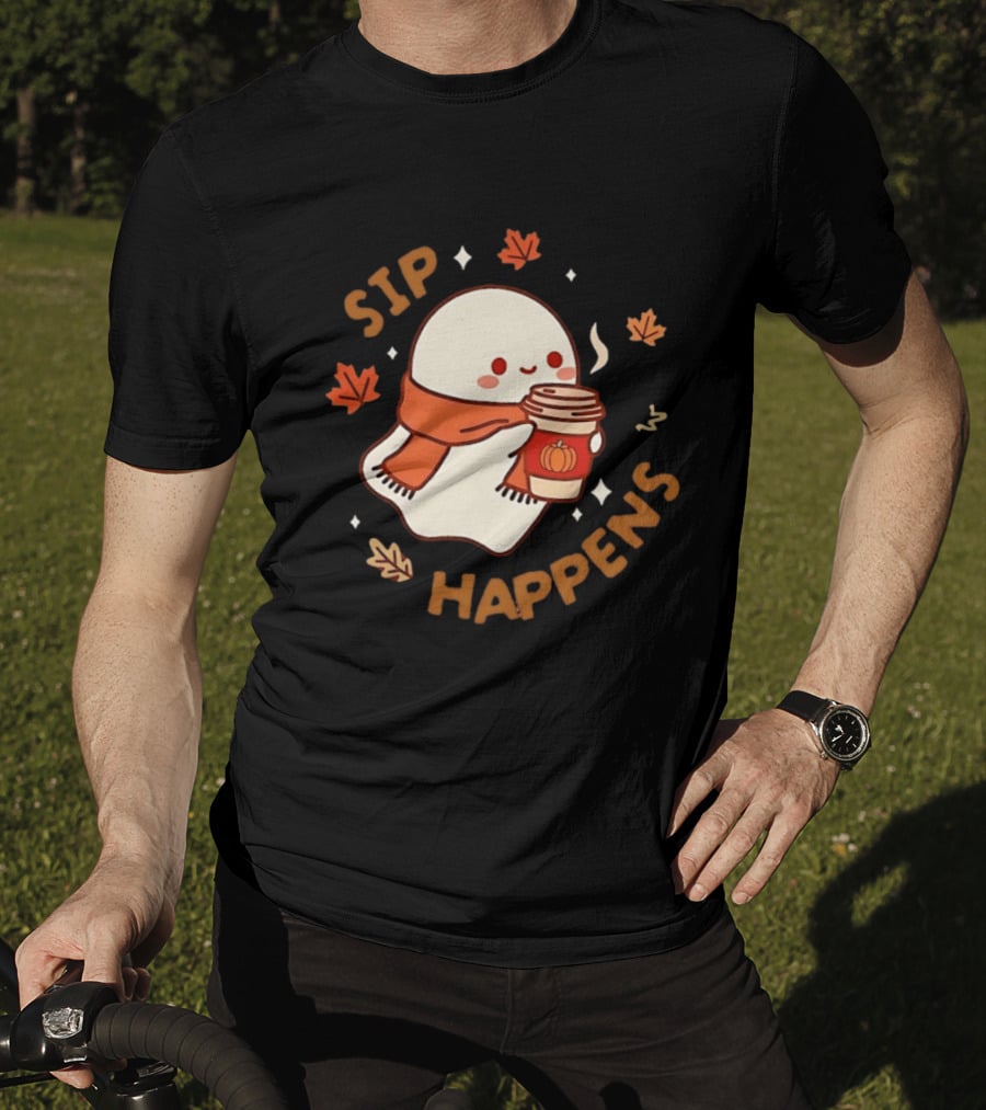 Sip Happens Ghost Pumpkin Spice Latte With Leaves And Scarf T-Shirt