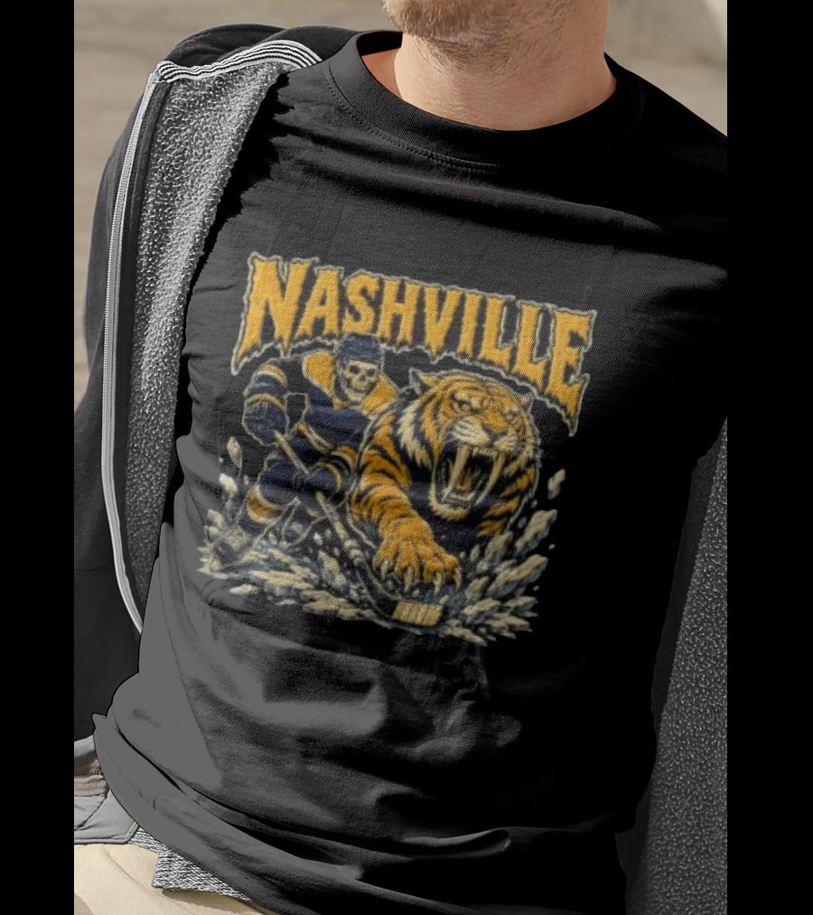 Nashville Hockey Skeleton Player With Fierce Tiger T-Shirt